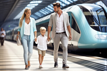 Obraz premium A family on a modern high speed train station platform. Concept of environmental benefits of today's eco-conscious family travel via low-emission public transport. Eco-friendly journey