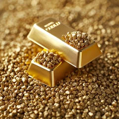 Foto op Plexiglas Gold bars on nugget grains background, close-up, ai technology © Rashid