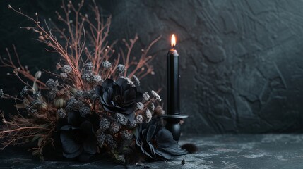flowers with a burning candle on a black background with space for text. - obrazy, fototapety, plakaty