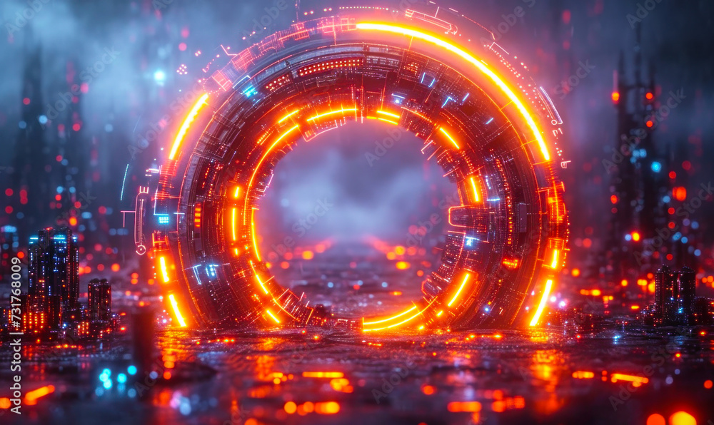 Poster futuristic cybernetic portal with glowing neon lights and digital elements forming a circular frame 
