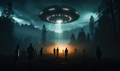 Eerie extraterrestrial beings with slender bodies advancing under a hovering UFO in a misty forest at twilight, depicting a sci-fi alien invasion - obrazy, fototapety, plakaty