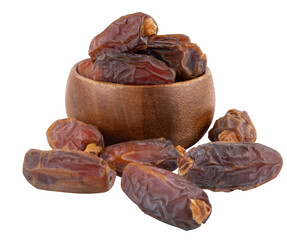 Date fruits, side view image heap of date fruits in small wooden bowl. Banner concept idea image. Special holy month ramadan Iftar snack for muslim people. Isolated transparent png background. 