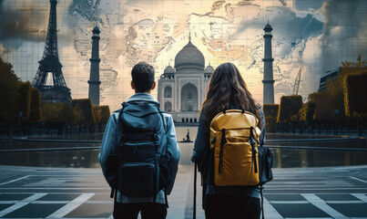 Young Students with Backpacks Gazing at World Landmarks, Symbolizing Study Abroad and International Education Programs for Cultural Exchange - obrazy, fototapety, plakaty