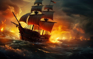 Dramatic maritime scene of tall ships engaged in a fierce battle on the high seas, with fiery explosions and turbulent ocean waves