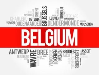 List of cities and towns in Belgium, word cloud collage, business and travel concept background