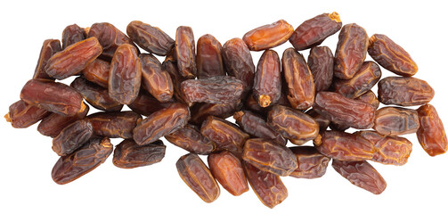 Dried date fruits, top view image heap of dried date fruits.  Traditional, islam religious snack for break fast on Iftar for holy month ramadan. Isolated transparent png background.