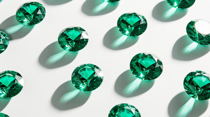 Luxurious pattern of emeralds on white background. Sparkle of gemstones. Precious stones jewelry concept. Generative AI