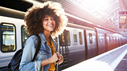 Smiling African American female traveler stands on a modern railway platform, ready to go on a new adventure using high fast speed train. Concept eco-friendly public transportation. Copy space.Banner