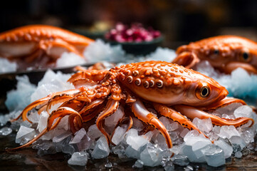 Fresh squids seafood on crushed ice at fish market. Fresh frozen on store counter in hypermarket. Frozen sea fish on display counter at store. Concept of retail food backgrounds. Copy ad text space