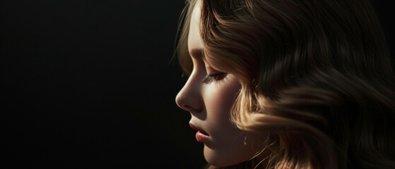 Side profile of a contemplative woman, her features softly illuminated in shadow