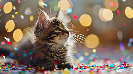 kitten celebrates a birthday, surrounded by a burst of colorful confetti, a funny and charming, bringing joy and laughter to the pet-friendly party - obrazy, fototapety, plakaty