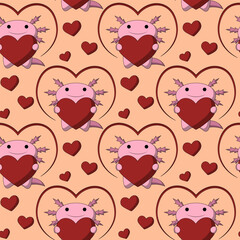Seamless pattern with Cute cartoon Axolotl with heart