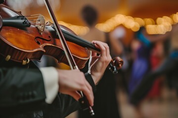 musician playing a fiddle with dancers blurred in the background