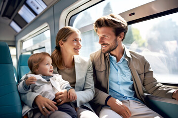 Fototapeta premium Family enjoys a travelling together on a train. A father, mother and child smiling. Concept of joy of eco-friendly high-speed train travel and efficient public transportation for journey on weekend
