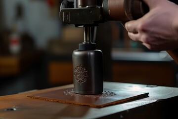 Fototapeta na wymiar craftsperson embossing a logo on leather using a press