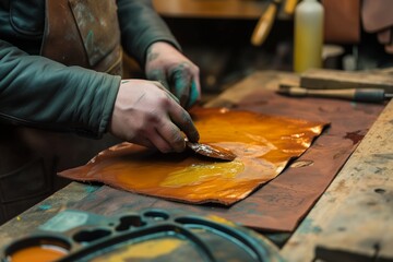 Fototapeta na wymiar leatherworker dyeing a piece of leather on a workbench