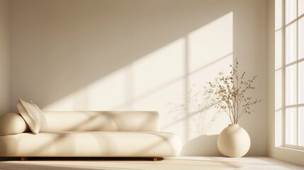Fototapeta na wymiar Empty light pastel minimalistic room interior with vases, ikebana and sofa in Japanese style decor for zen practices
