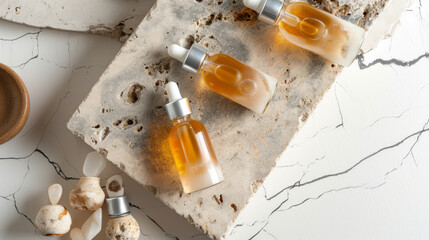 Three amber glass dropper bottles of essential oils on a natural marble slab, accompanied by the soft shadows of houseplant leaves.