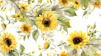 Composition of boho sunflowers with leaves on white isolated background, watercolor flowers seamless pattern 
