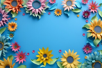 Fototapeta na wymiar multicolored paper sunflowers spread across a blue backdrop