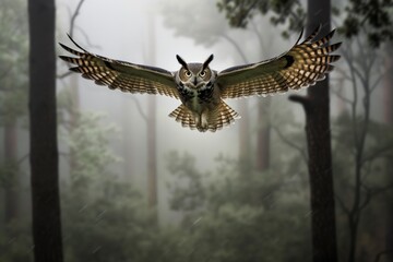 owl flying through misty forest, trees enveloping background