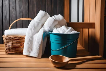 Foto op Canvas Blick in eine Sauna mit einem Stapel Handtücher © Chris