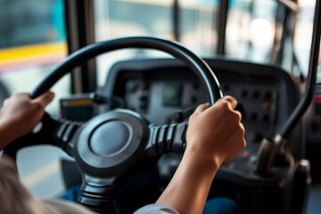 closeup of hands on a bus steering mechanism