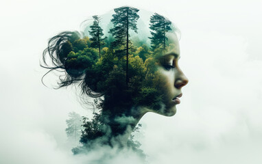 Surreal double exposure portrait blending a human profile with a forest landscape, representing the connection between mind, nature, and the concept of human as part of the environment