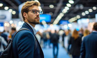 Focused young businessman at an industry conference, observing exhibition stands and networking opportunities in a crowded event hall with blurred participants