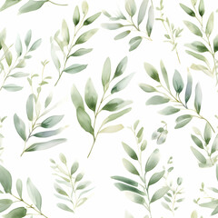 Botanical watercolor painting, seamless pattern green leaf branches for wedding stationery, wallpaper