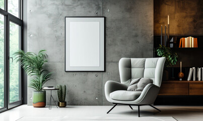 Minimalist modern living space with an elegant gray armchair, white framed blank artwork on a gray wall, white floor, and a green potted plant adding a touch of nature
