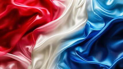 Obraz premium Elegant blue, white, and red silk fabrics intertwined, symbolizing the French tricolor flag, representing freedom, equality, and fraternity in a soft, flowing texture