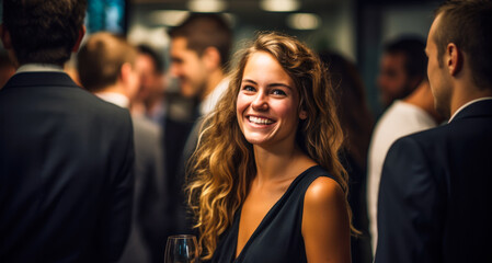 Fototapeta premium Joyful woman enjoying a lively conversation at a sophisticated evening networking event with professionals engaging in background discussions