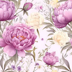 Watercolor pink peonies wallpaper pattern, seamless floral painting on light background, stationery print, blooming garden