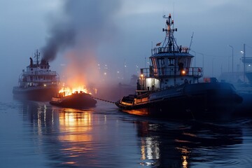 tugboat assisting a smoldering ship at port