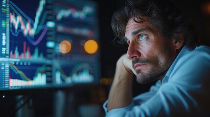 sad, stressed and hopeless businessman with his work at office at night. 