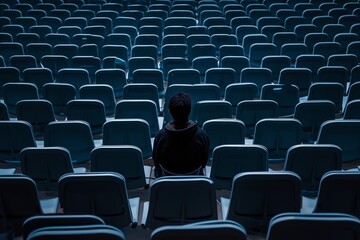person sitting alone, surrounded by empty rows