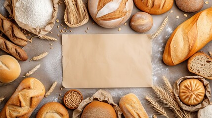 various crispy breads and buns, flour, wheat flour and ears on the background table - obrazy, fototapety, plakaty
