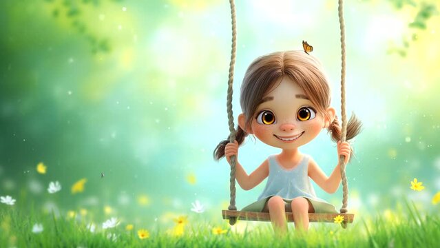 Little girl on swing with flower garden in the background. seamless looping 4k time-lapse animation video background