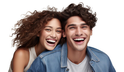 Cheerful young couple laughing together in a close embrace, cut out - Powered by Adobe