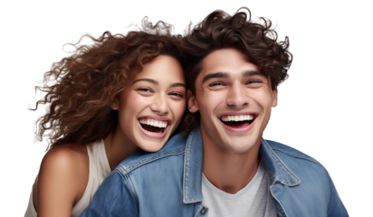 Cheerful young couple laughing together in a close embrace, cut out