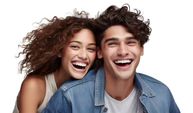 Cheerful young couple laughing together in a close embrace, cut out