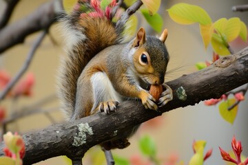 a squirrel on tree branch gnawing on pecan