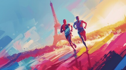 A sports illustration depicting running athletes against the background of the Eiffel Tower in Paris, a bright colorful poster for the upcoming International Olympic Sports Games