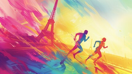 A sports illustration depicting running athletes against the background of the Eiffel Tower in Paris, a bright colorful poster for the upcoming International Olympic Sports Games