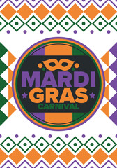 Mardi Gras Carnival in New Orleans. Fat Tuesday. Traditional holiday, celebration annual. Folk festival, costume masquerade, fun party. Carnival mask. Poster, card, banner and background. Vector