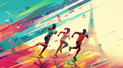 A sports illustration depicting running athletes against the background of the Eiffel Tower in Paris, a bright colorful poster for the upcoming International Olympic Sports Games - obrazy, fototapety, plakaty