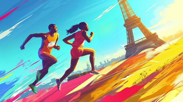 A sports illustration depicting running athletes against the background of the Eiffel Tower in Paris, a bright colorful poster for the upcoming International Olympic Sports Games