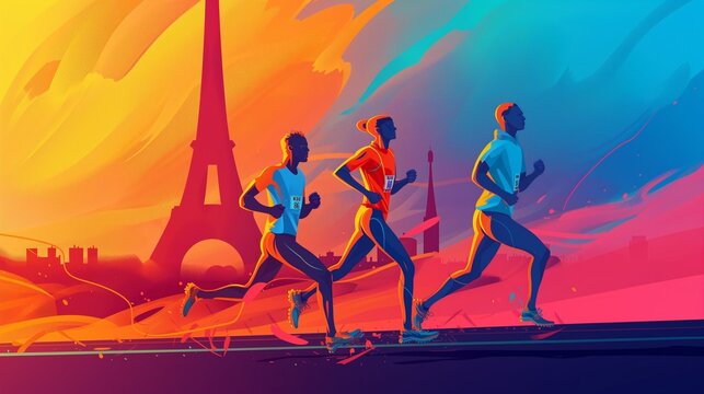 A sports illustration depicting running athletes against the background of the Eiffel Tower in Paris, a bright colorful poster for the upcoming International Olympic Sports Games