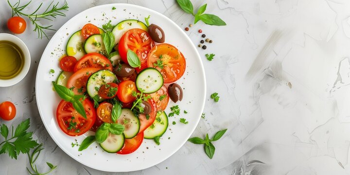 Salad of fresh vegetables from tomatoes and cucumbers, seasoned with oil and olives with spices and herbs, with an empty copy space